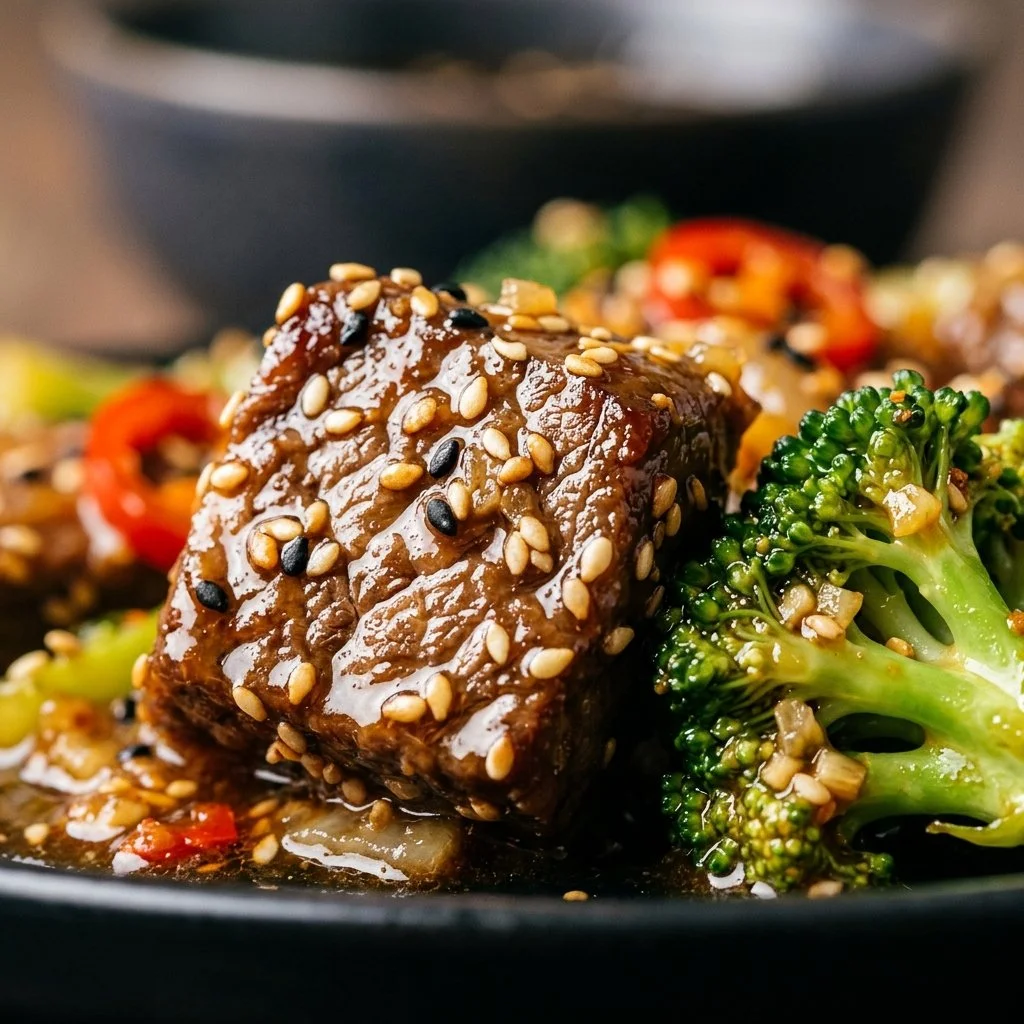 Beef and broccoli stir-fry with sesame ginger sauce in a vibrant bowl.