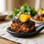 Blackened Salmon Bites served with vibrant Mango Salsa on a plate