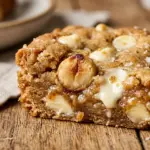 Chewy white chocolate macadamia nut blondies on a baking sheet