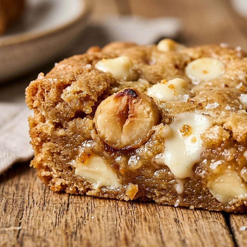 Chewy white chocolate macadamia nut blondies on a baking sheet