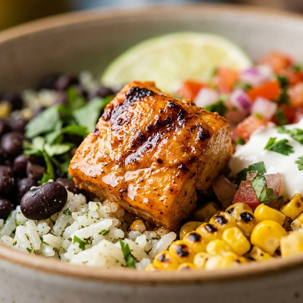 Chipotle-style chicken burrito bowls topped with fresh ingredients and served in a bowl.
