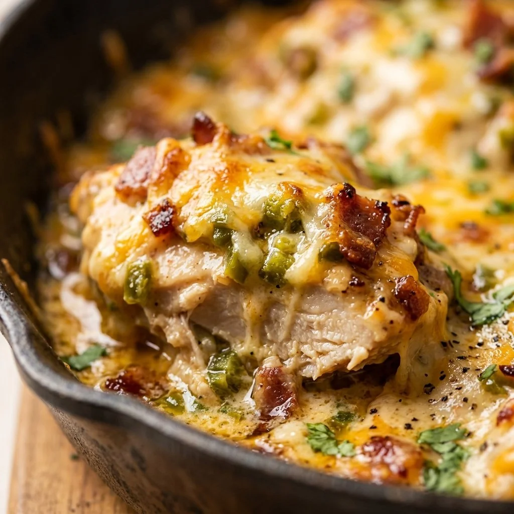 Creamy jalapeño popper chicken skillet with cheese and jalapeños