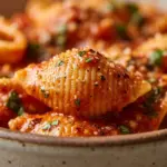 Creamy tomato basil shells dish served in a bowl