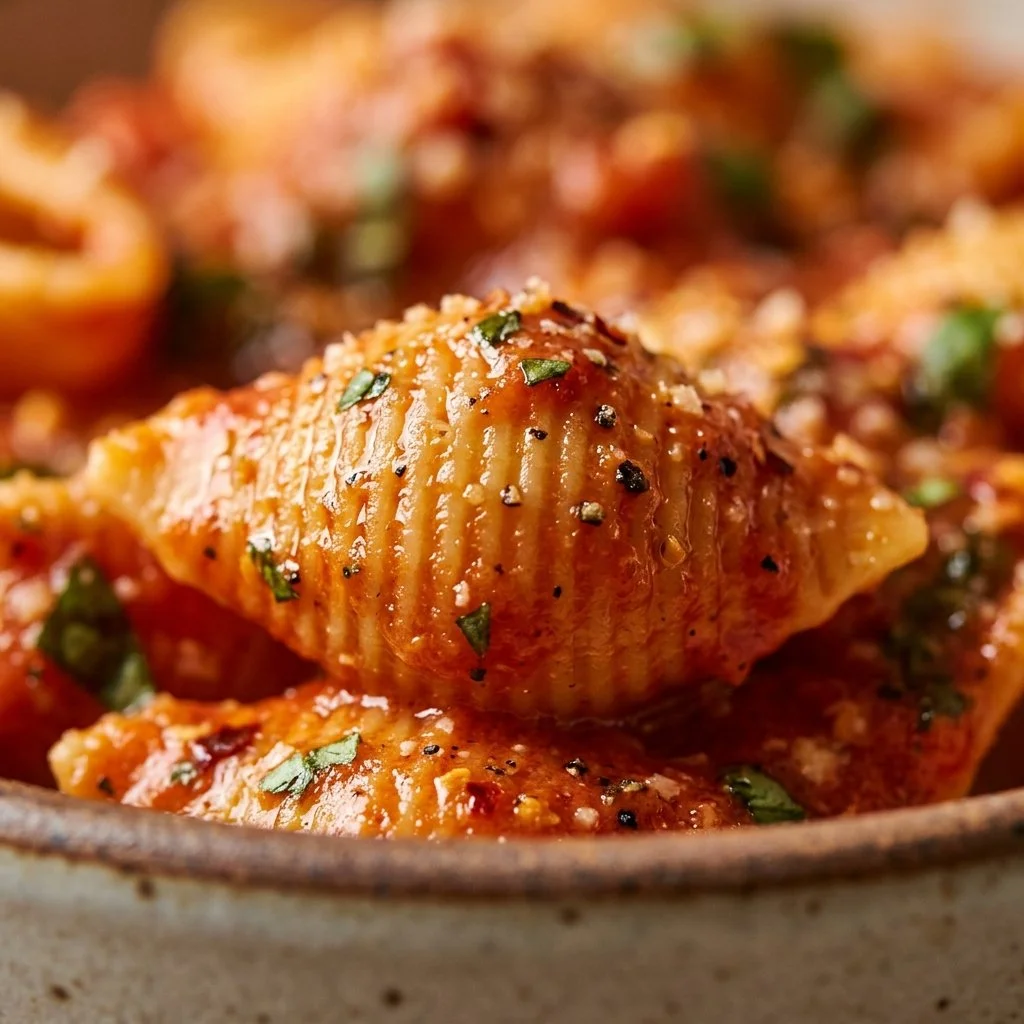 Creamy tomato basil shells dish served in a bowl