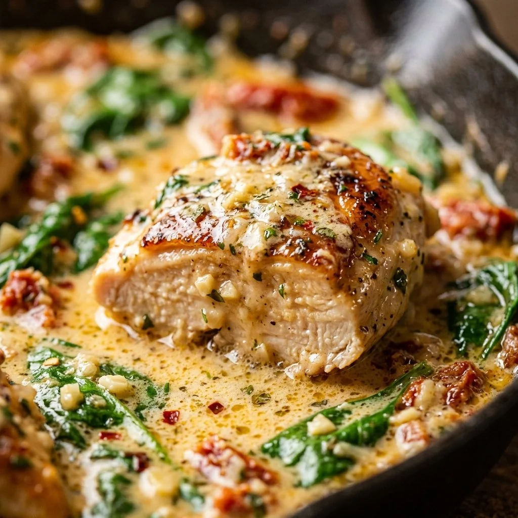 Creamy Tuscan chicken skillet dish served with herbs and vegetables