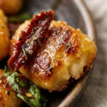 Plate of crispy honey gnocchi with sun-dried tomatoes, garnished with herbs