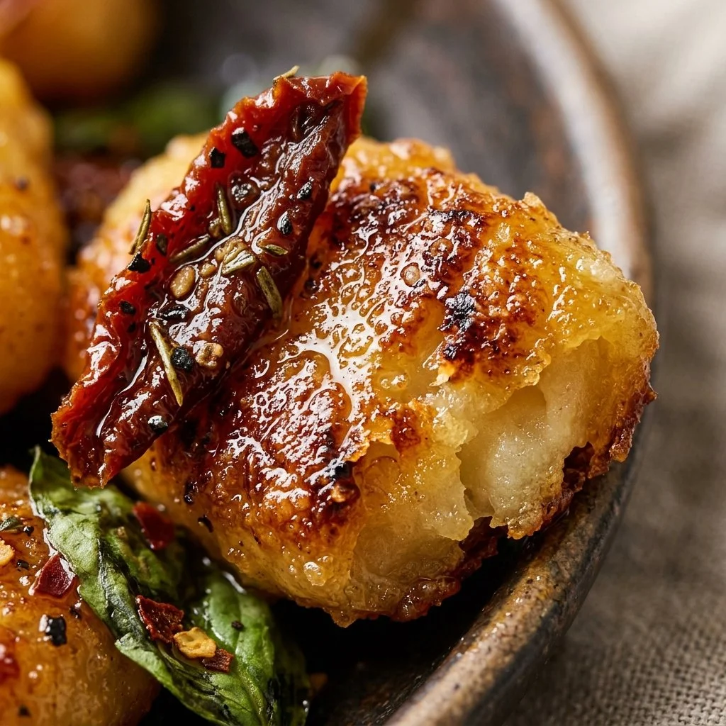 Plate of crispy honey gnocchi with sun-dried tomatoes, garnished with herbs