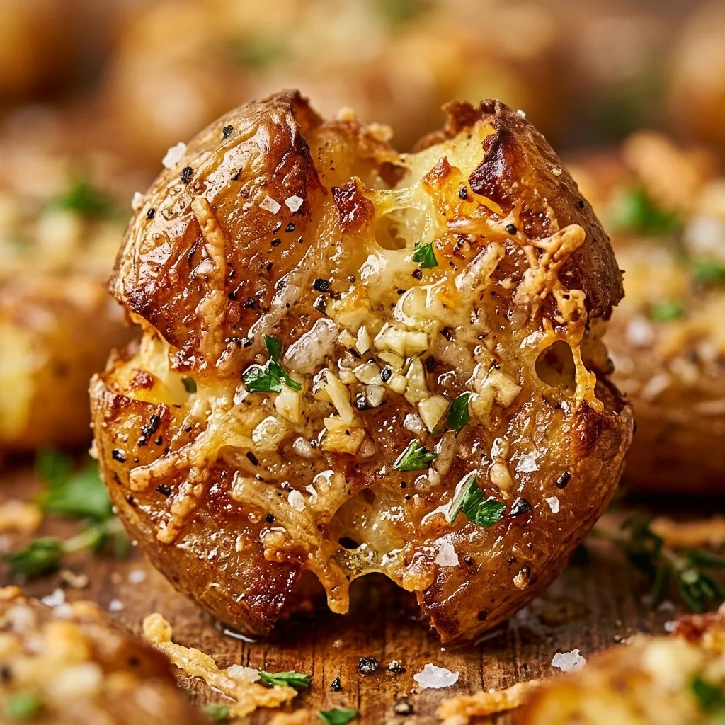 Crispy smashed potatoes topped with garlic, butter, and parmesan cheese.