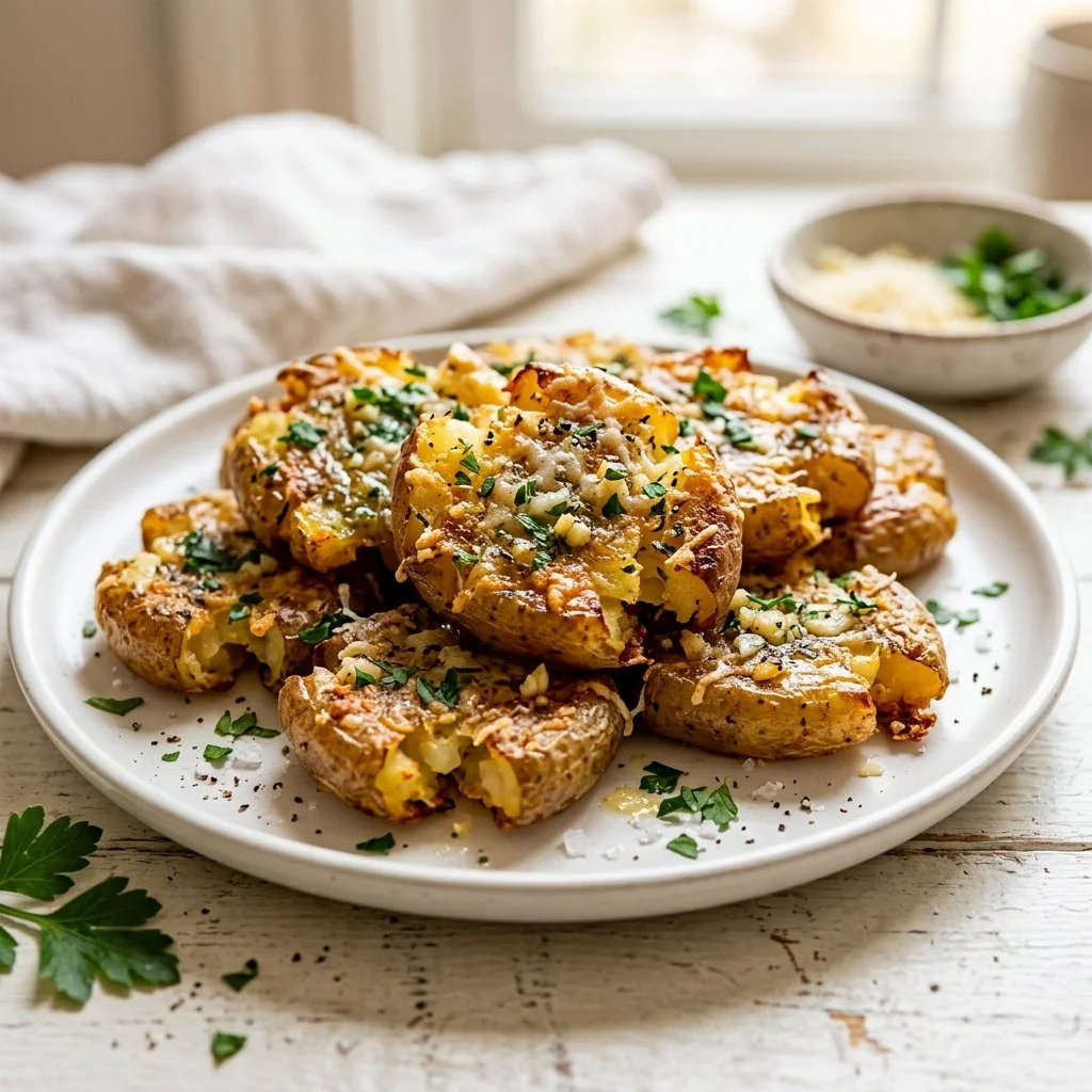 Crispy Smashed Potatoes with Garlic, Butter, and Parmesan