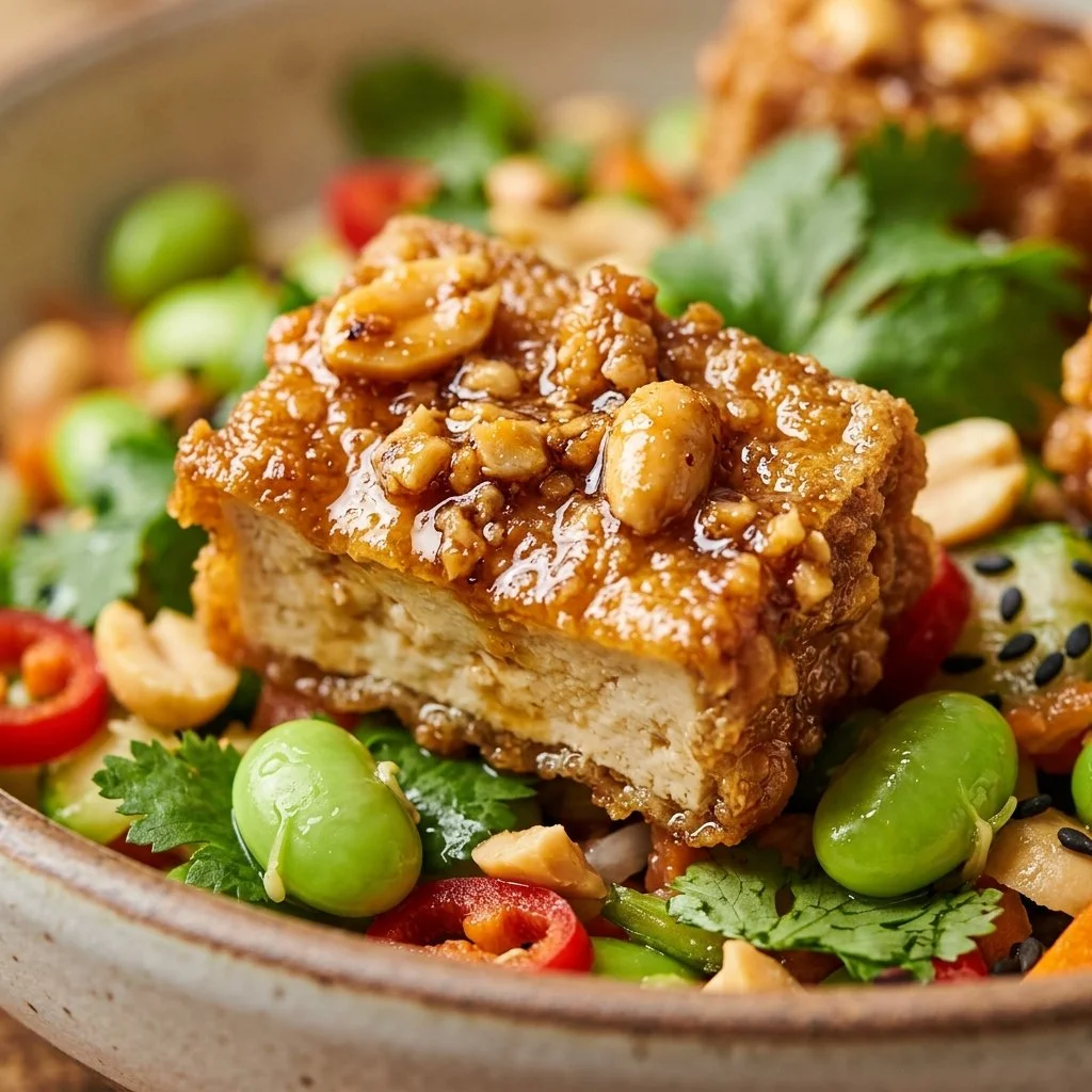 Crunchy Peanut Tofu Salad with edamame and vegetables