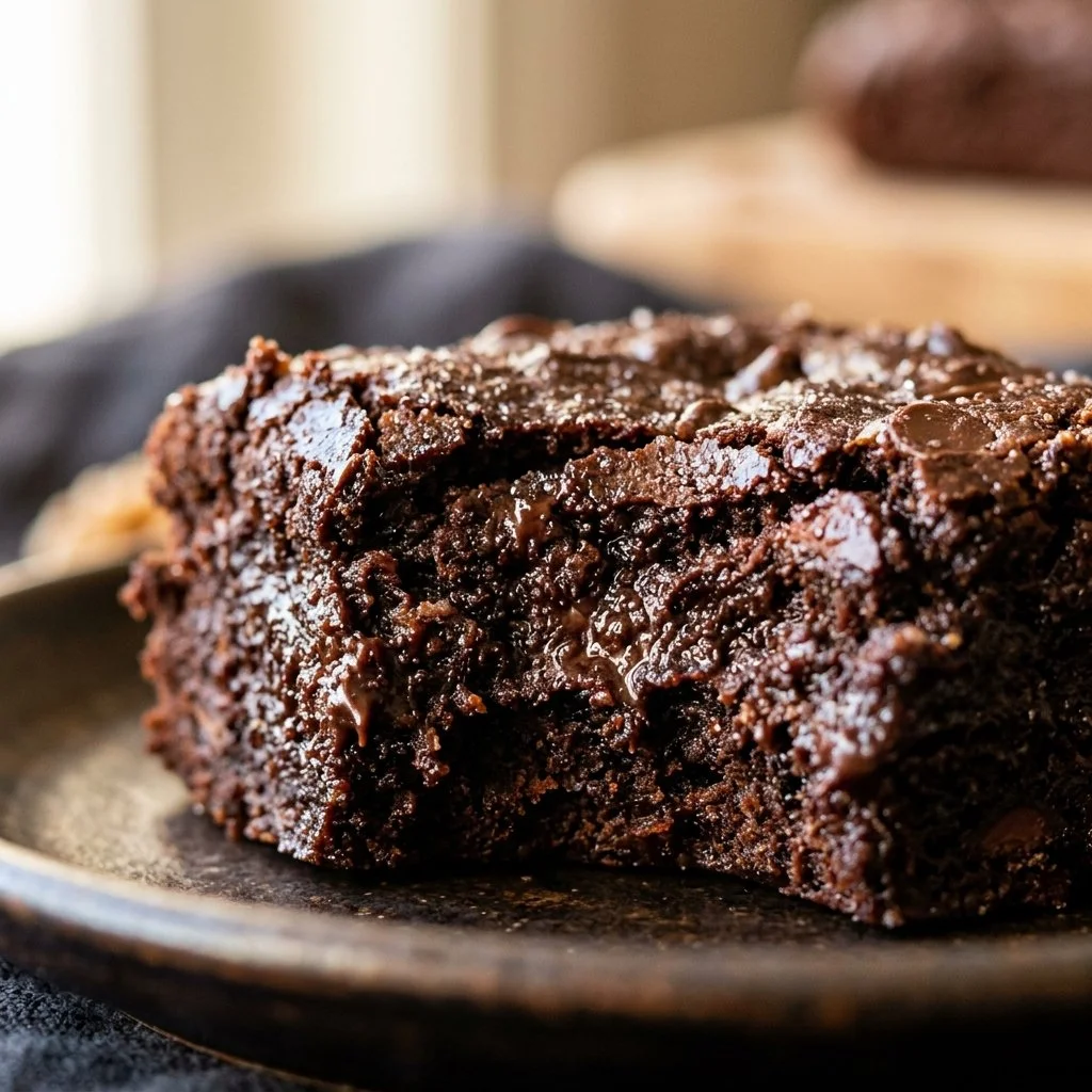 Fudgy flourless avocado chocolate brownies on a white plate