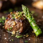 Plate of Garlic Butter Steak Bites served with Asparagus garnish