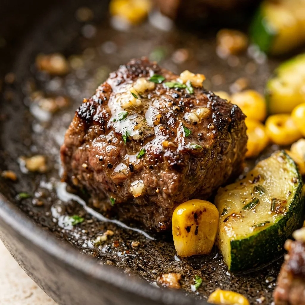 Garlic Butter Steak Bites served with corn and zucchini in a skillet
