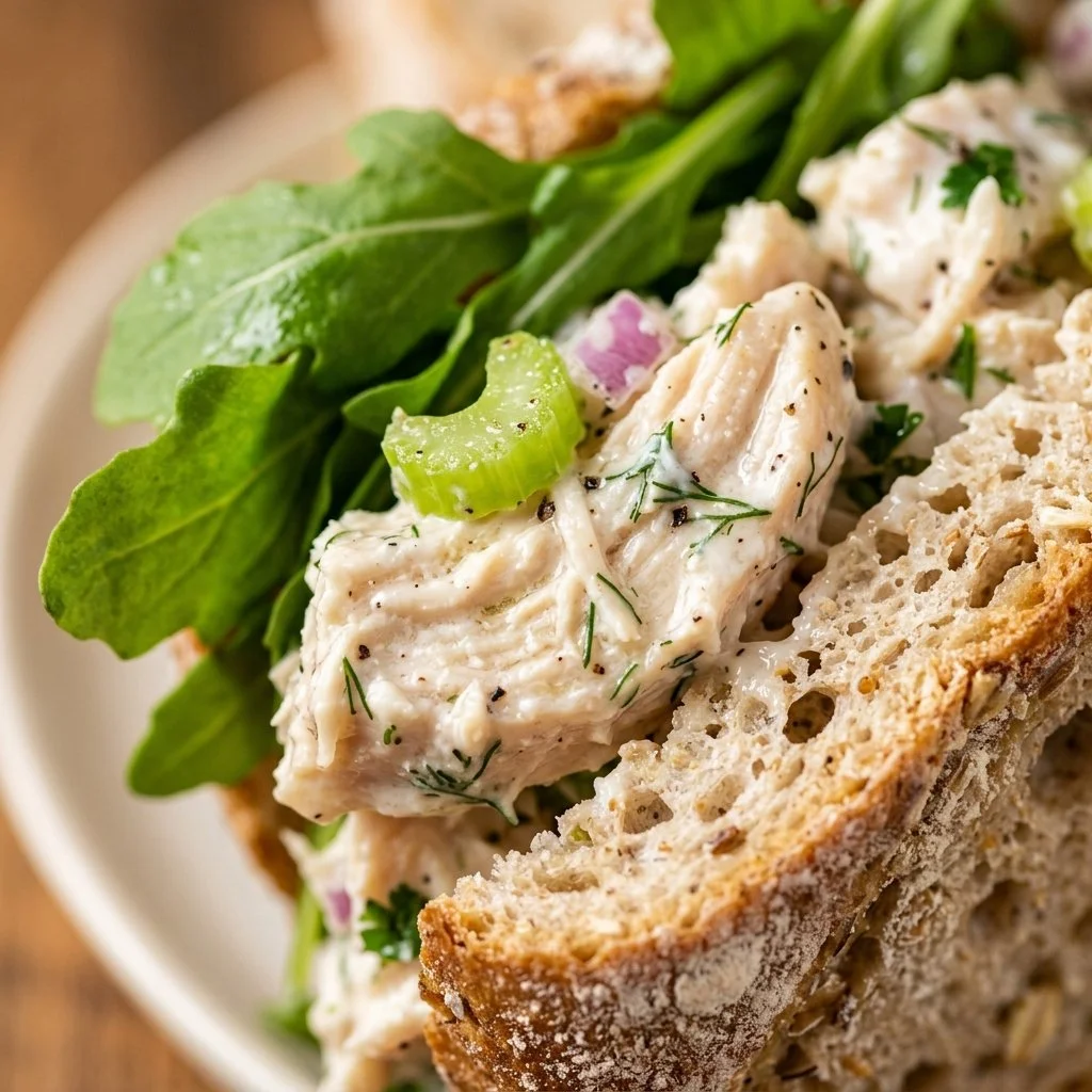 Healthy Greek yogurt chicken salad sandwich on whole grain bread