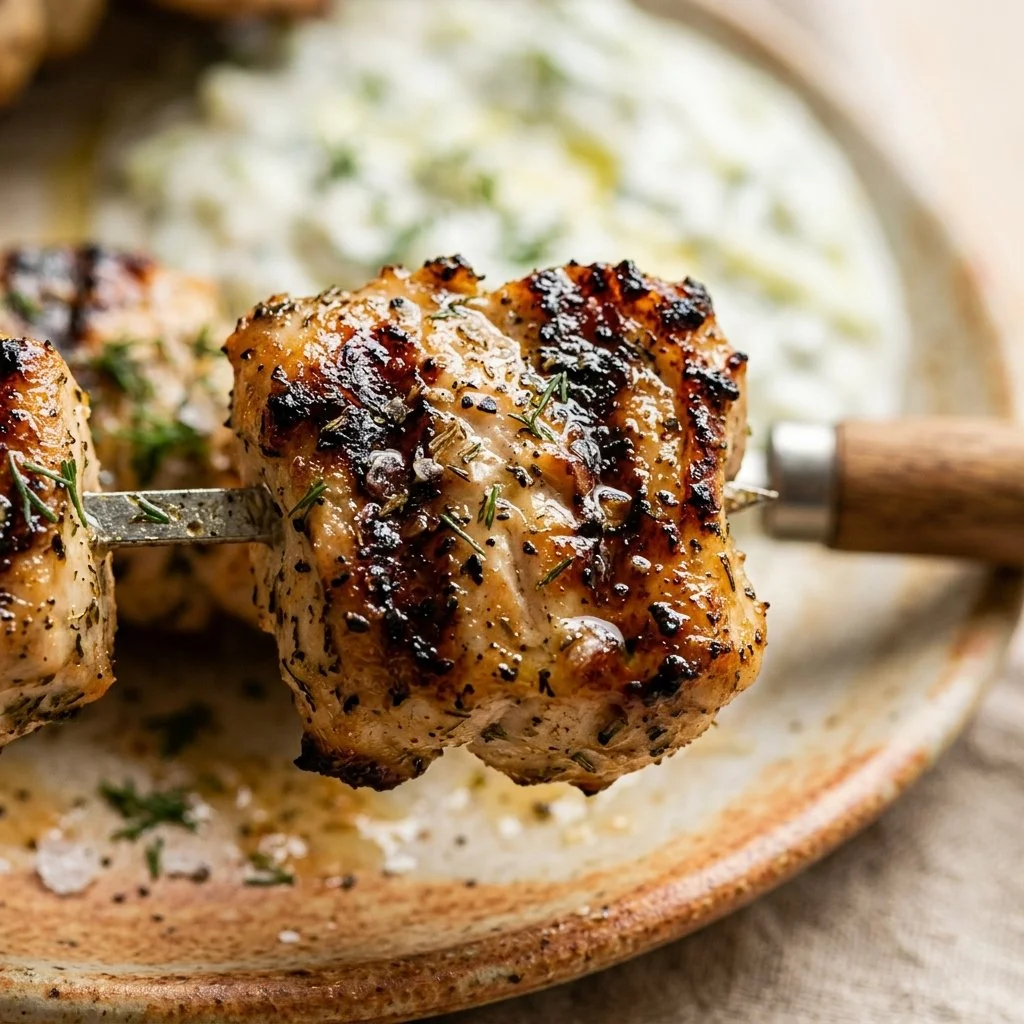 Greek yogurt marinated chicken skewers served with tzatziki sauce