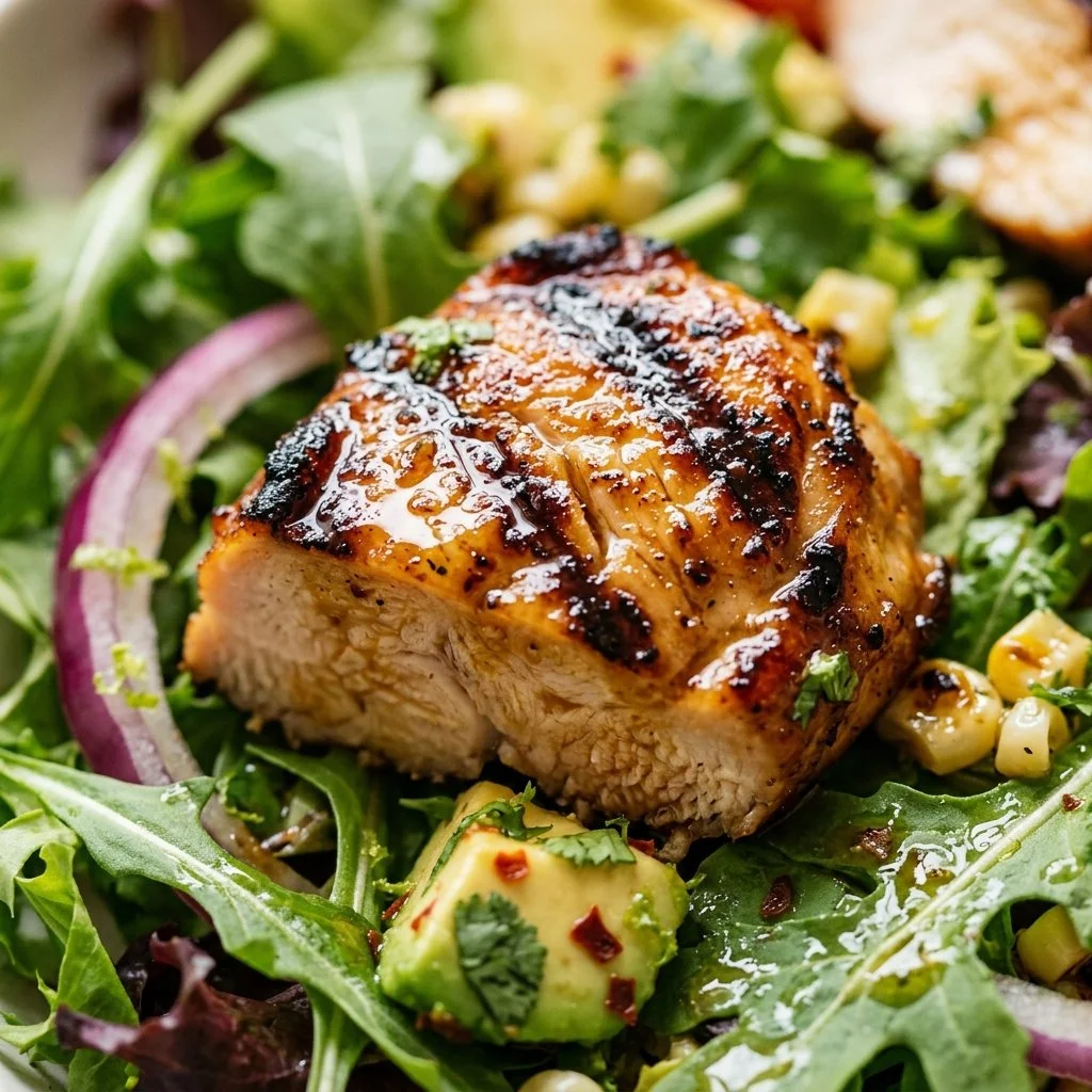 Delicious grilled chicken salad with honey and lime dressing
