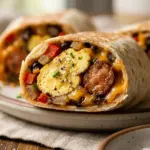 High-protein breakfast burritos for meal prep on a wooden table
