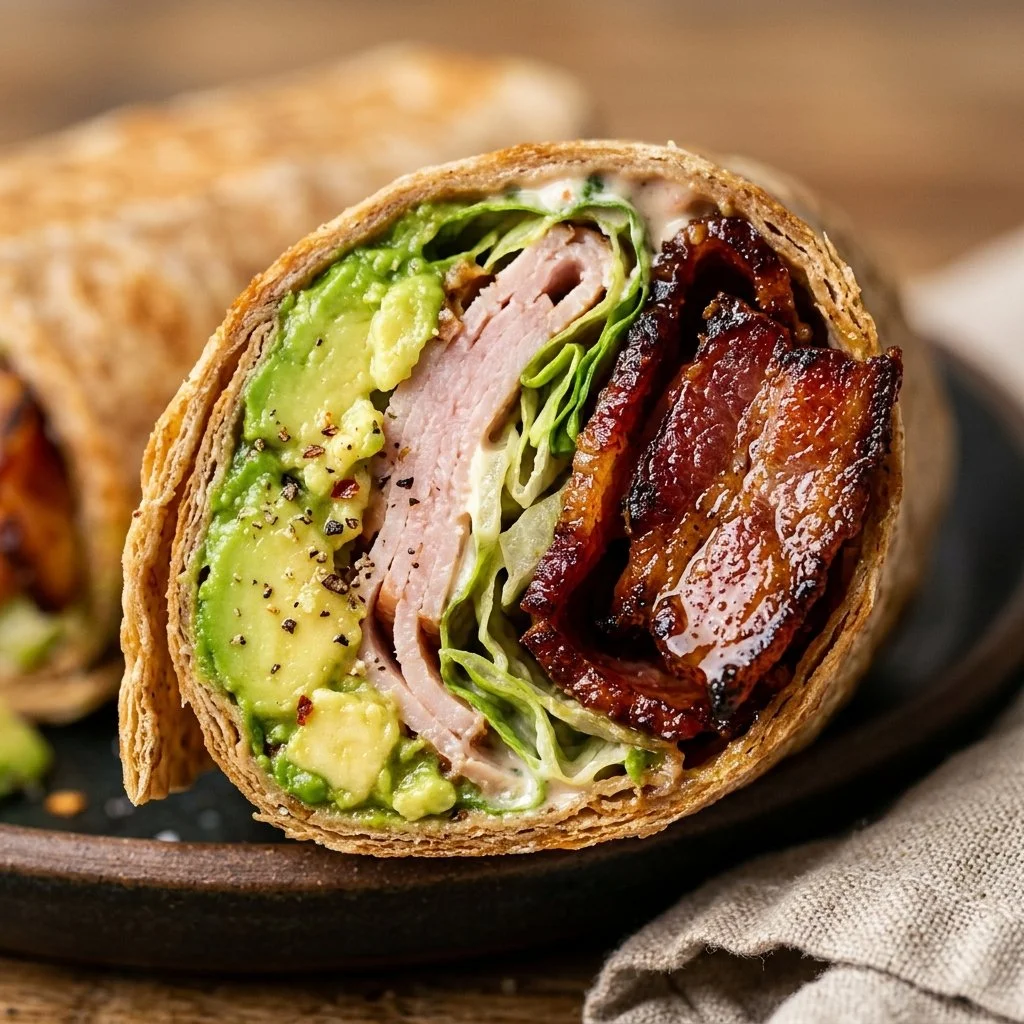 High-protein turkey avocado bacon wrap with fresh ingredients and vibrant colors.