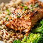 Honey Garlic Salmon meal prep bowls ready to serve with vegetables and rice.