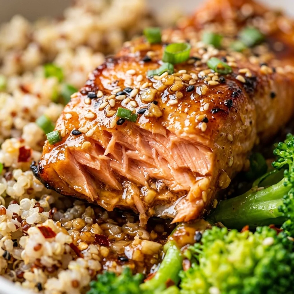 Honey Garlic Salmon meal prep bowls ready to serve with vegetables and rice.