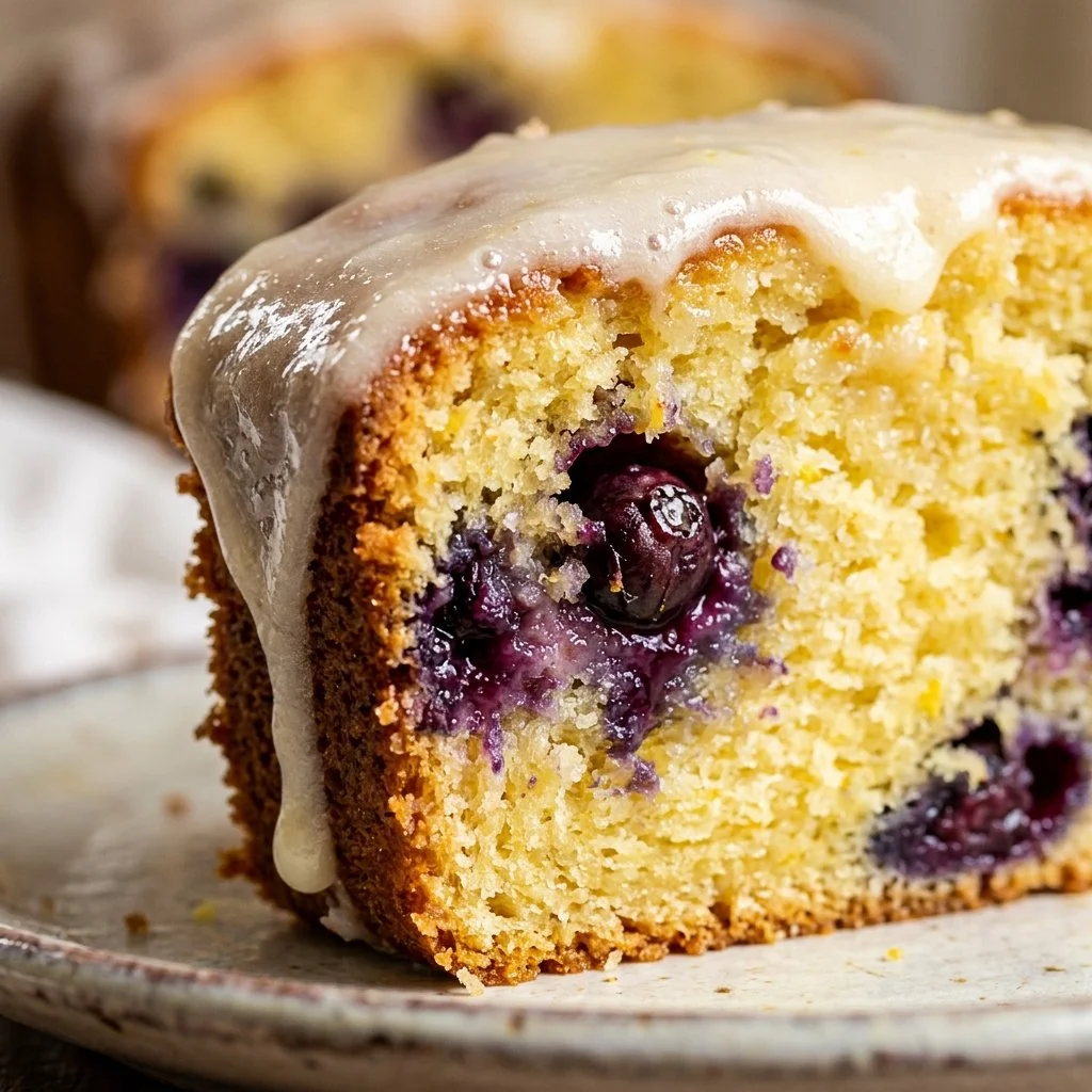 Iced lemon blueberry loaf cake with fresh blueberries and lemon glaze