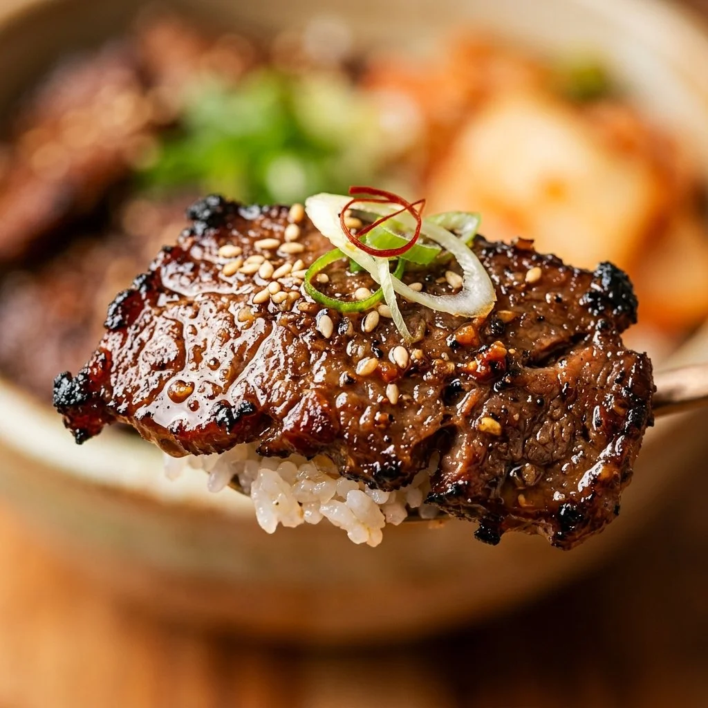 Korean-style beef BBQ bowl with rice and vegetables