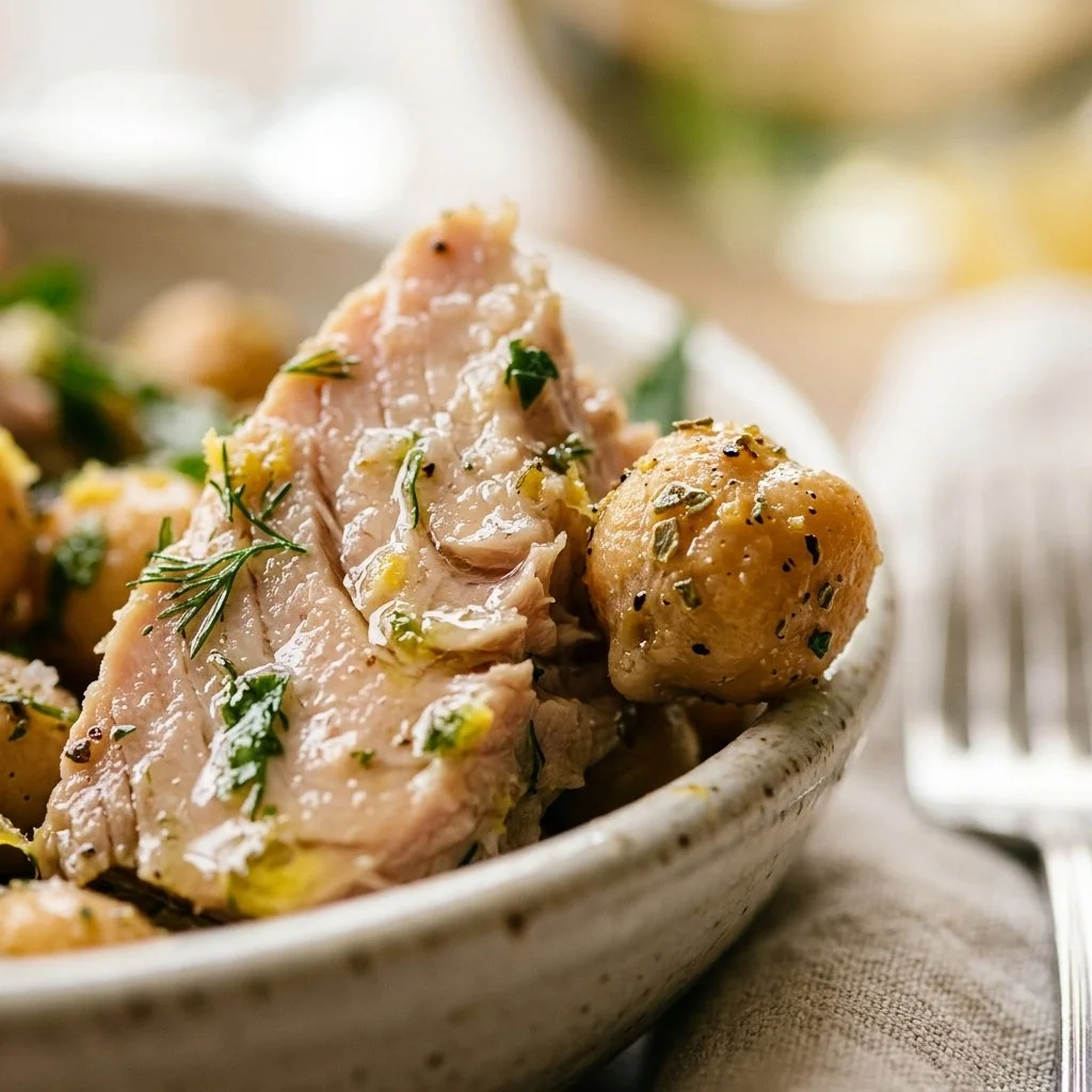 Lemon Herb Tuna and Chickpea Salad garnished with fresh herbs and lemon slices