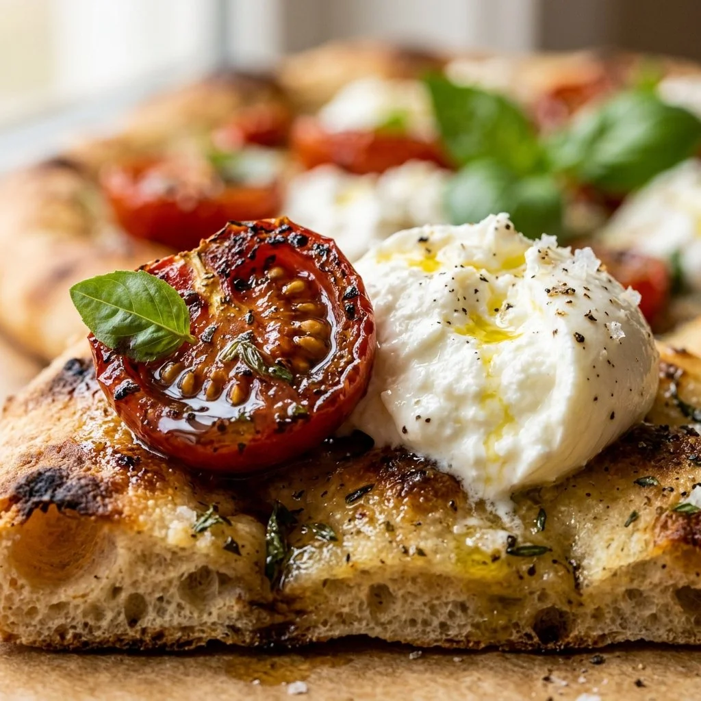 Delicious marinated Tomato and Burrata Flatbread with fresh ingredients