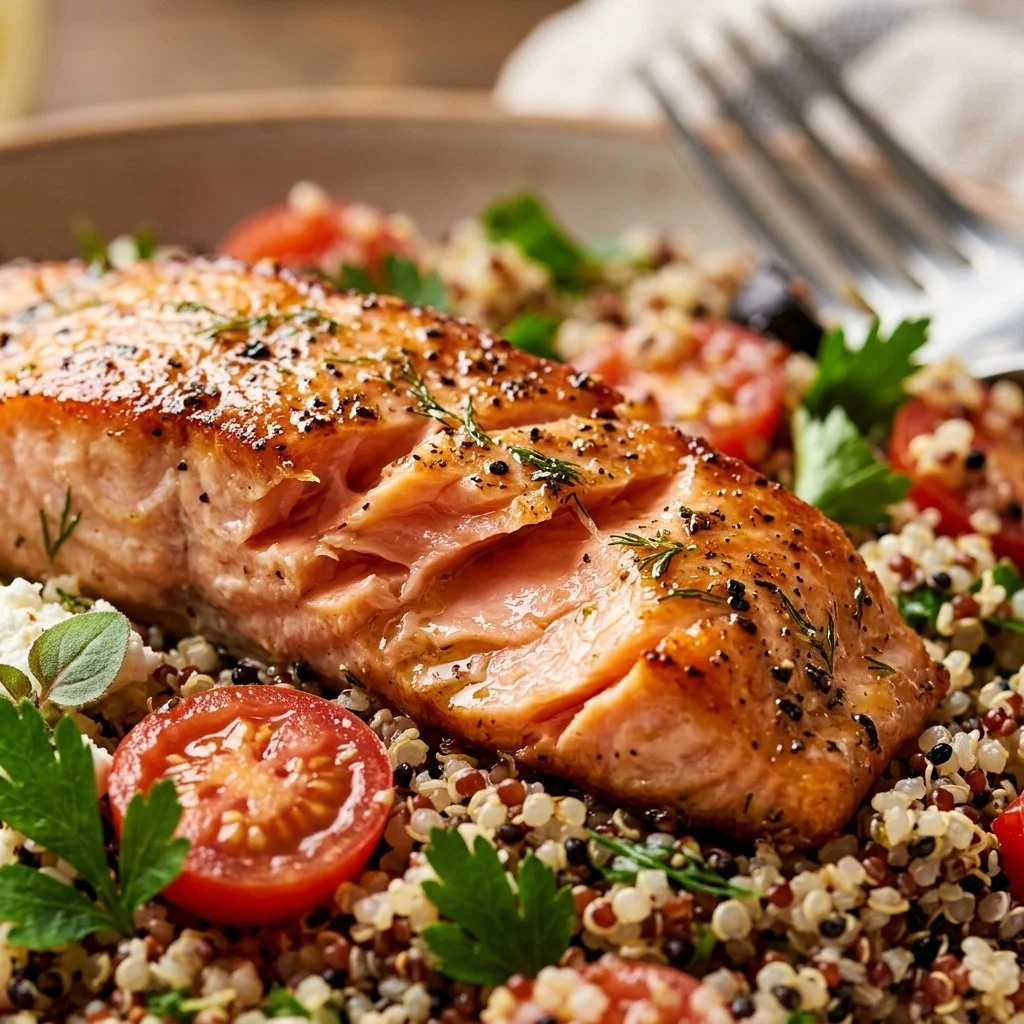 Mediterranean Salmon Quinoa Bowl garnished with fresh herbs and vegetables