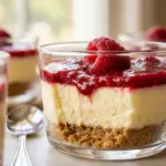 Delicious no-bake raspberry lemonade cheesecake cups topped with fresh raspberries
