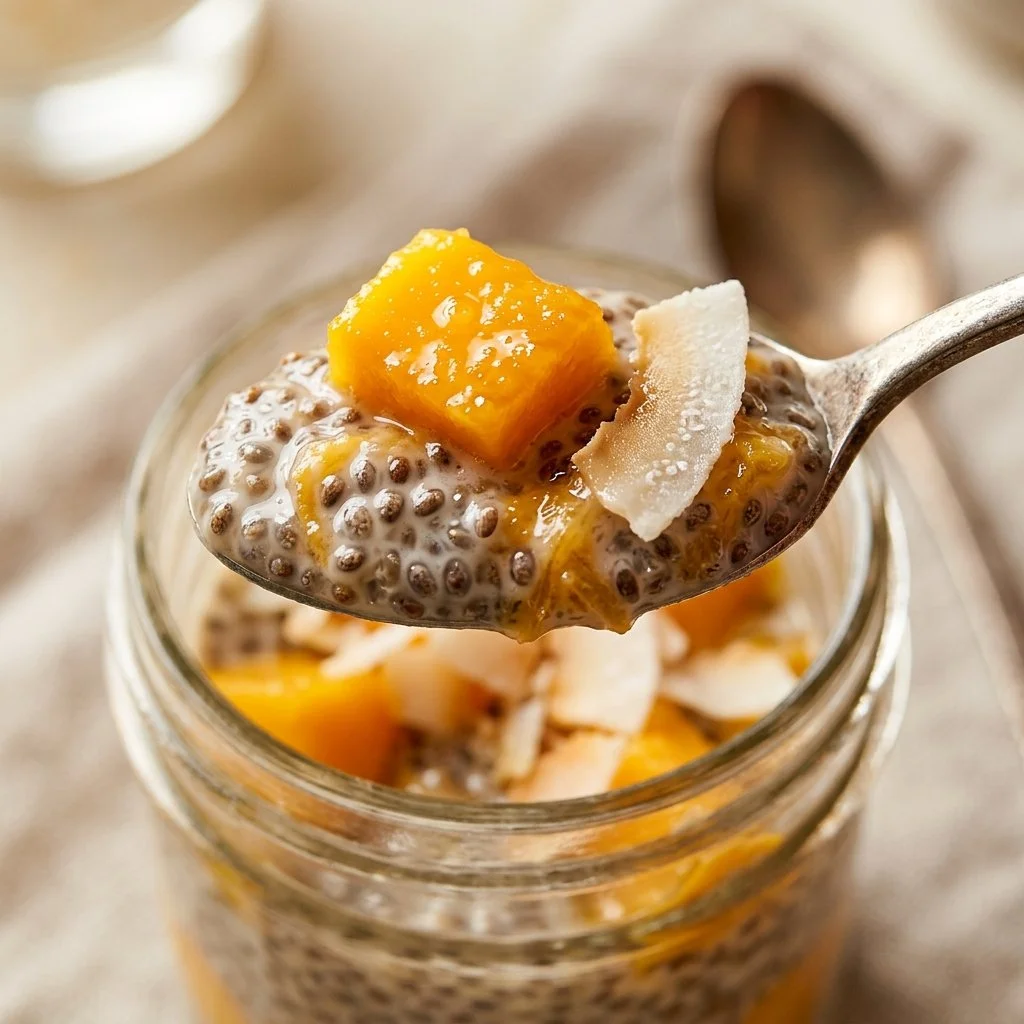 Delicious overnight chia pudding topped with mango and coconut in a glass bowl.