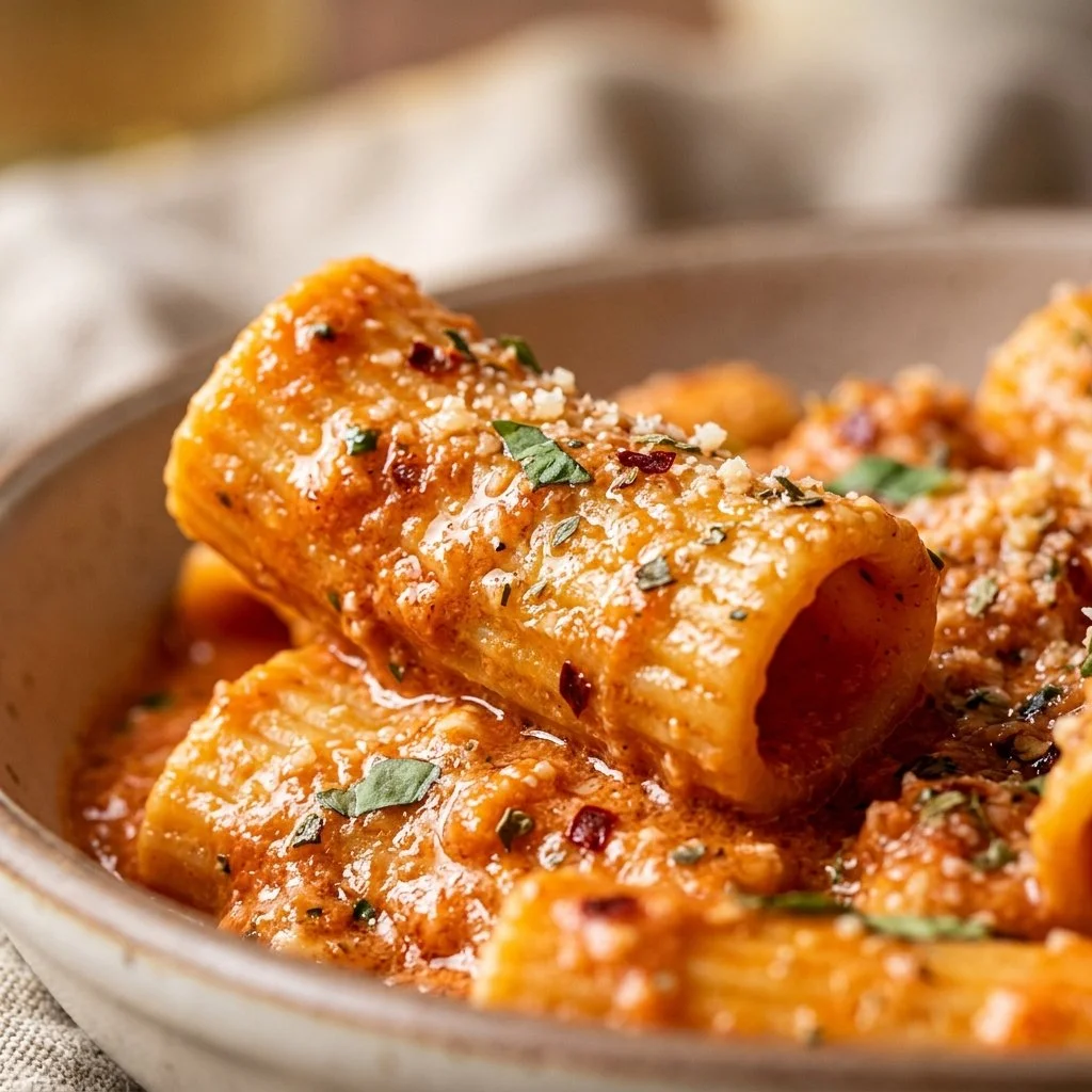 Plate of protein-packed creamy tomato pasta garnished with fresh basil
