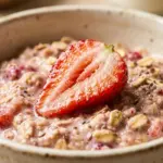 Bowl of protein-packed strawberry cream oats topped with fresh strawberries