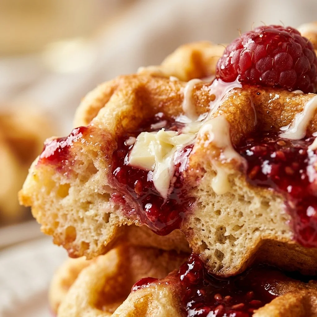Delicious raspberry and white chocolate protein waffles served on a plate