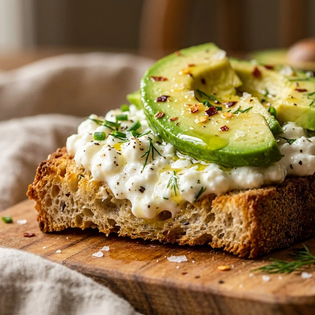 Savory cottage cheese and avocado toast topped with herbs and spices