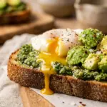 Savory pesto egg toast topped with avocado on a plate
