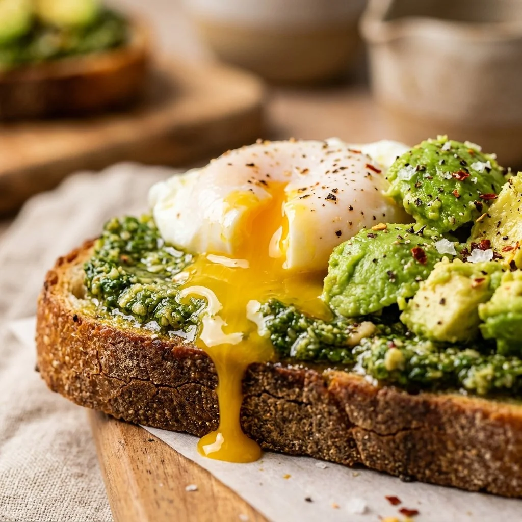 Savory pesto egg toast topped with avocado on a plate
