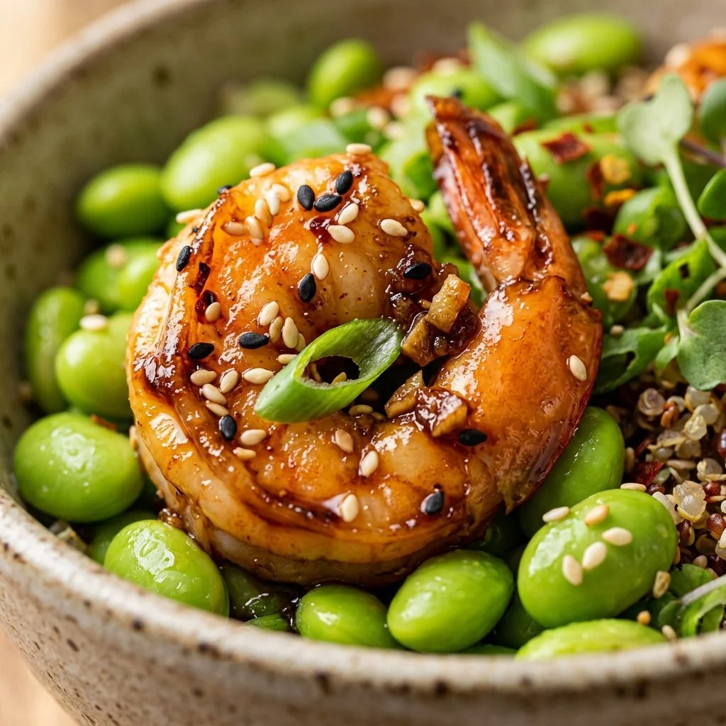Delicious sesame ginger garlic shrimp served in a bowl with edamame and vegetables.