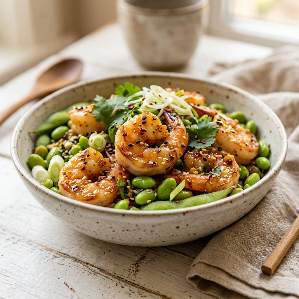 Sesame Ginger Garlic Shrimp and Edamame Bowls
