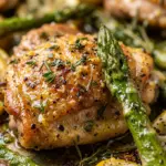 Sheet Pan Lemon Herb Chicken served with fresh asparagus on a baking tray.