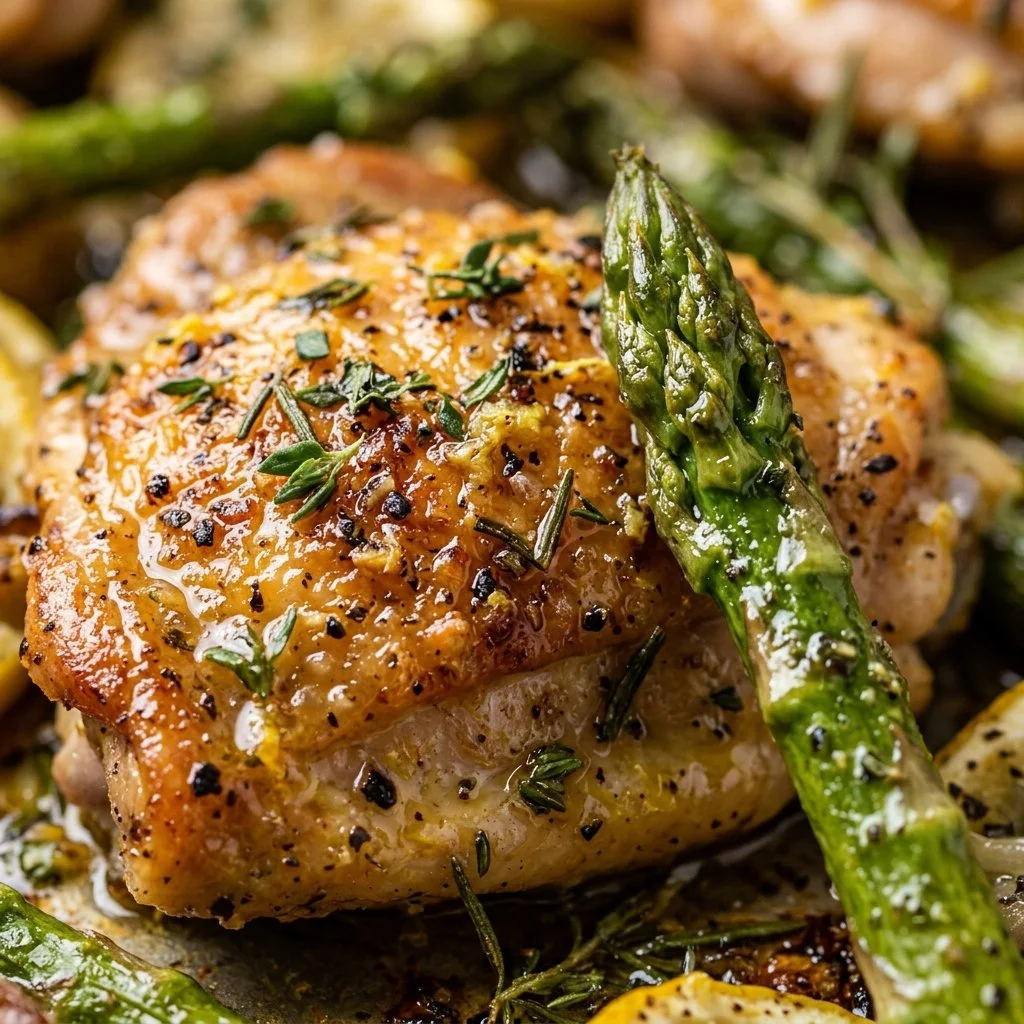 Sheet Pan Lemon Herb Chicken served with fresh asparagus on a baking tray.