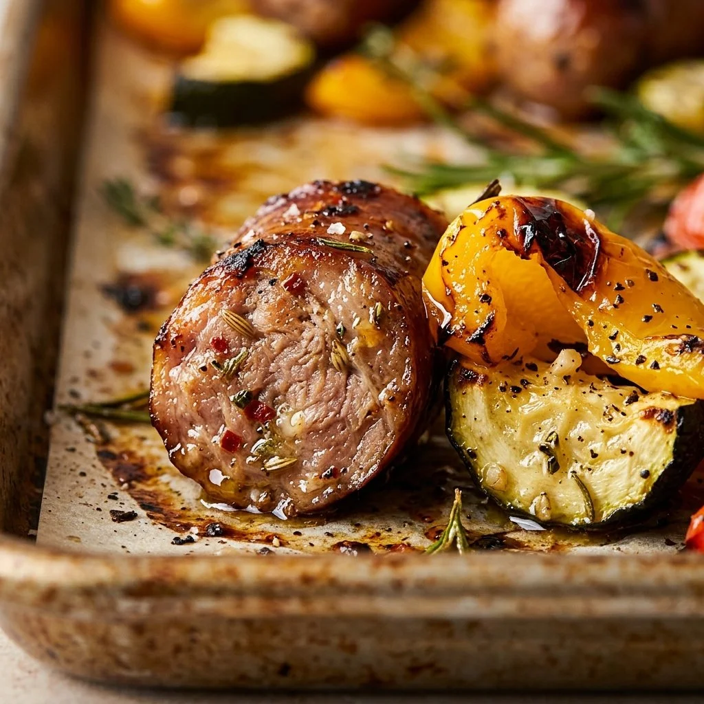 Delicious sheet pan summer vegetable and sausage bake with fresh ingredients.