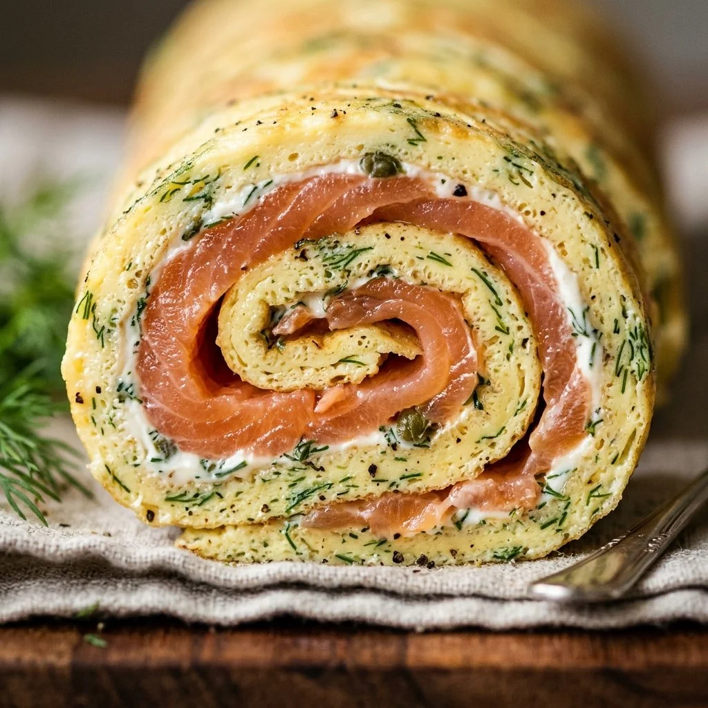 Smoked salmon dill omelet roll showcasing a gourmet breakfast dish