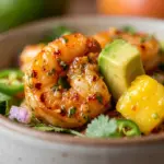 Spicy shrimp mango avocado salad with fresh ingredients and vibrant colors
