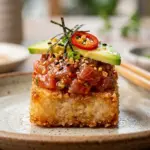 Spicy tuna crispy rice bites recipe with garnishes and dipping sauce