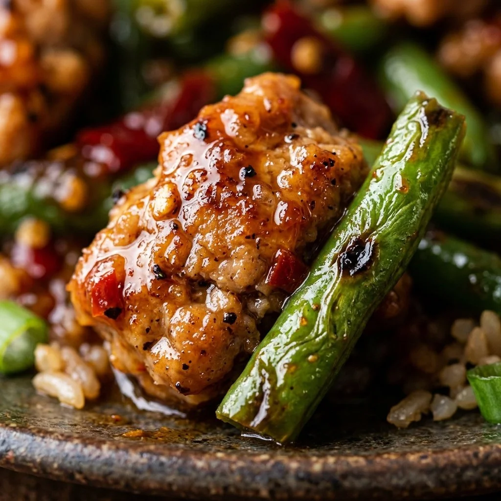 Sweet chili ground turkey stir-fry with green beans in a vibrant dish