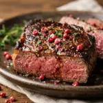 Balsamic Pink Peppercorn Steak served with fresh herbs and vegetables