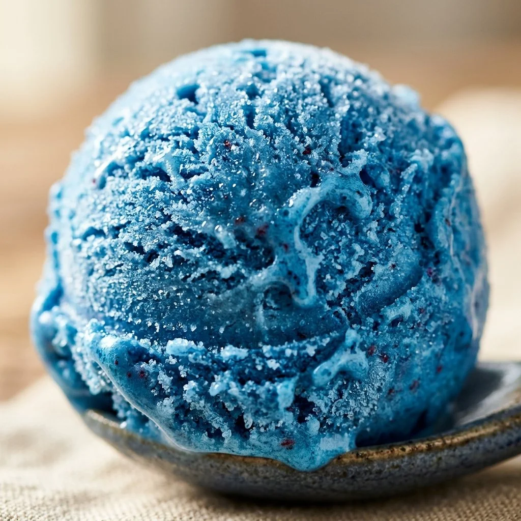 Delicious blue raspberry ice cream in a waffle cone topped with sprinkles