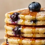 Fluffy blueberry pancakes stacked with fresh blueberries and syrup.