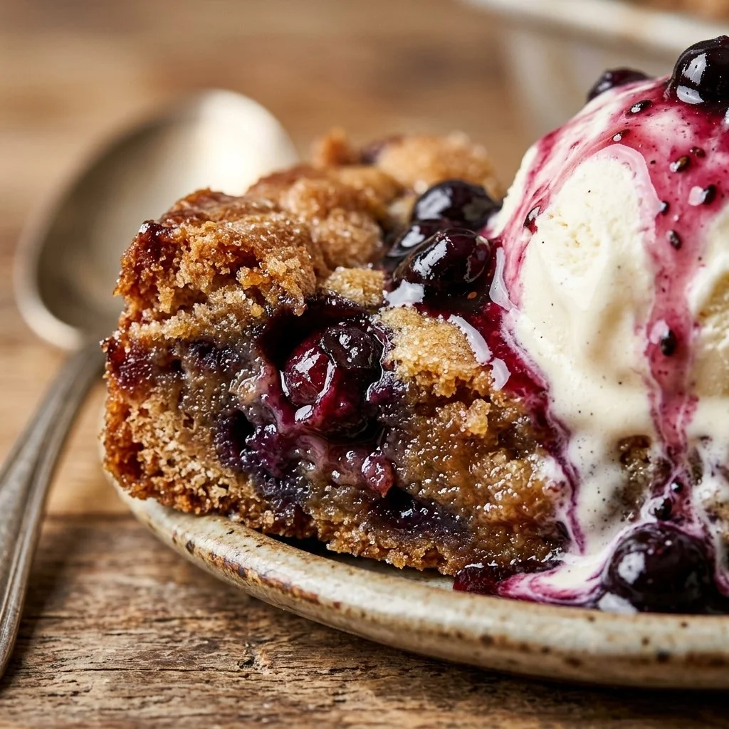 Delicious blueberry sugar cookie blondies served with ice cream